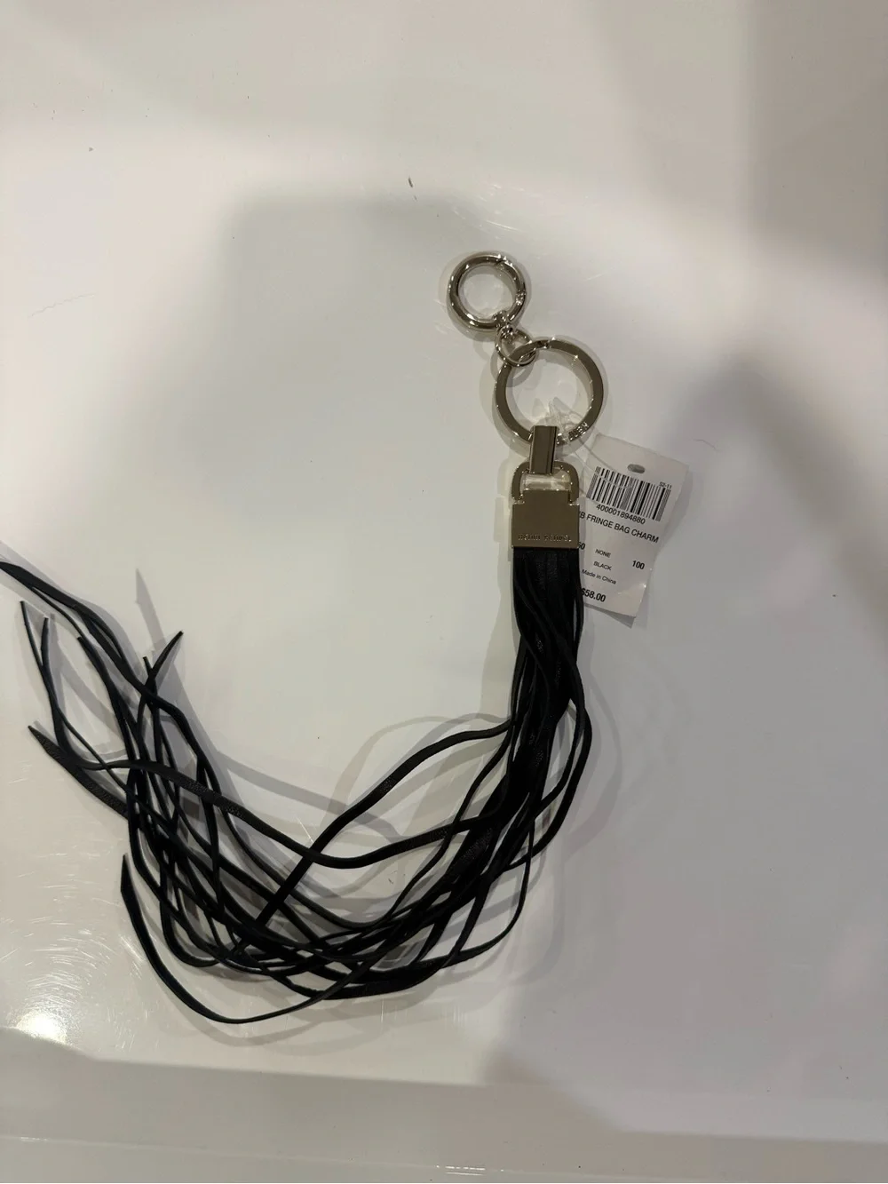 Henri Bendel Black Leather Fringe Bag Charm Keychain Silver Tone